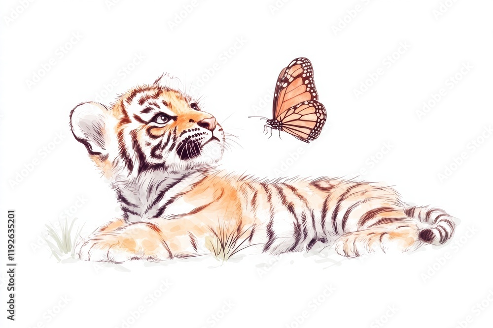 Aufkleber curious tiger cub watches a butterfly hovering nearby in a serene natural setting. generative ai