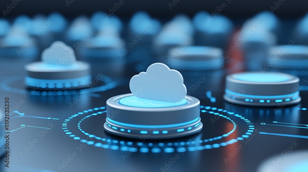 Poster cloud computing concept with floating icons and digital circuit background in futuristic style