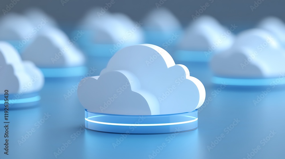 Poster cloud computing concept with minimalist white clouds and modern neon base on soft blue background