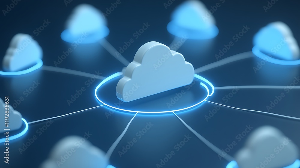 Poster cloud computing concept with neon circles and white clouds representing data network connections