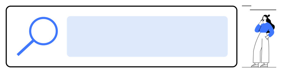 Magnifying glass and search bar combined with contemplative woman holding chin. Ideal for research, investigation, online search, problem-solving, analysis, discovery, curiosity. Blue and white color