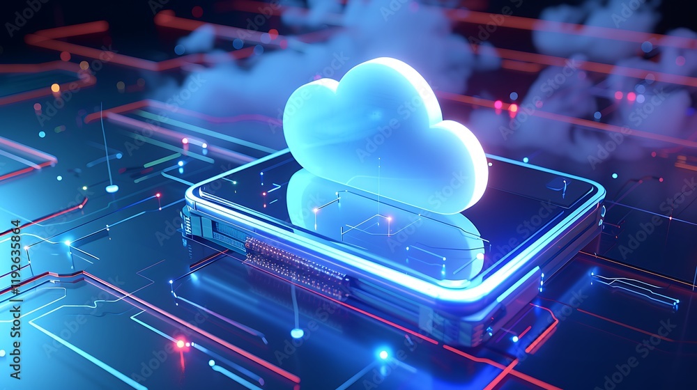 Poster cloud computing concept with smartphone in futuristic digital environment for tech and innovation th
