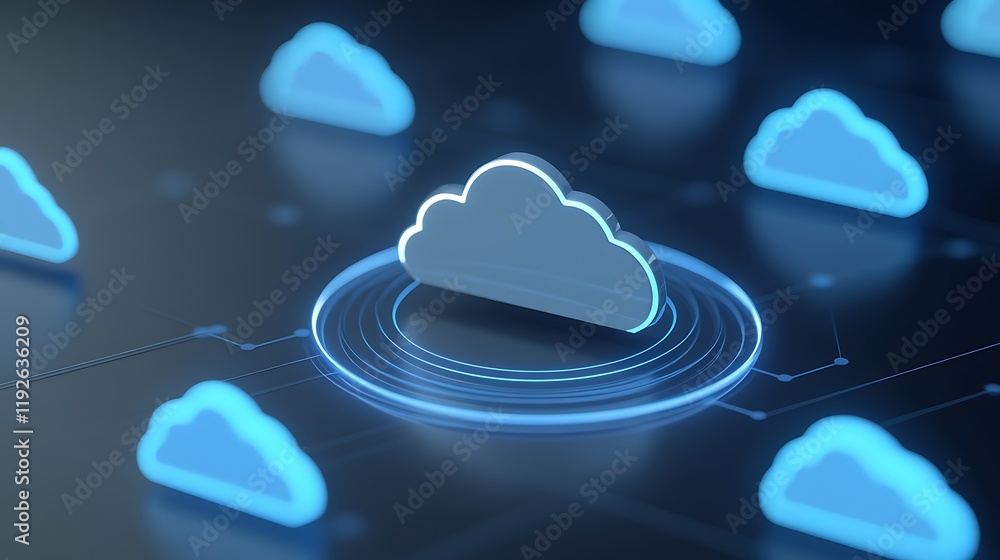 Poster cloud computing concept with virtual network connections and light effects on a dark background