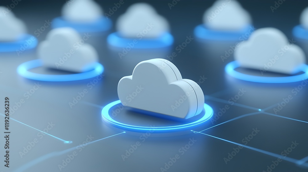 Aufkleber cloud computing conceptual image depicting white clouds with blue circles on dark background
