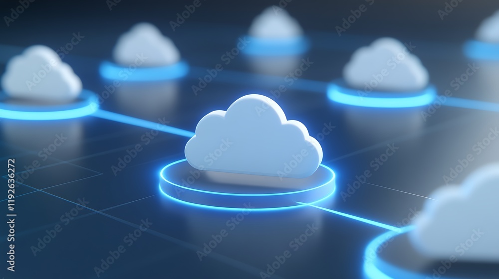 Poster cloud computing connection concept with cloud icons and neon light network on digital background