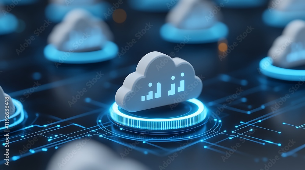 Poster cloud computing data visualization with graphs and abstract technology background in blue colors