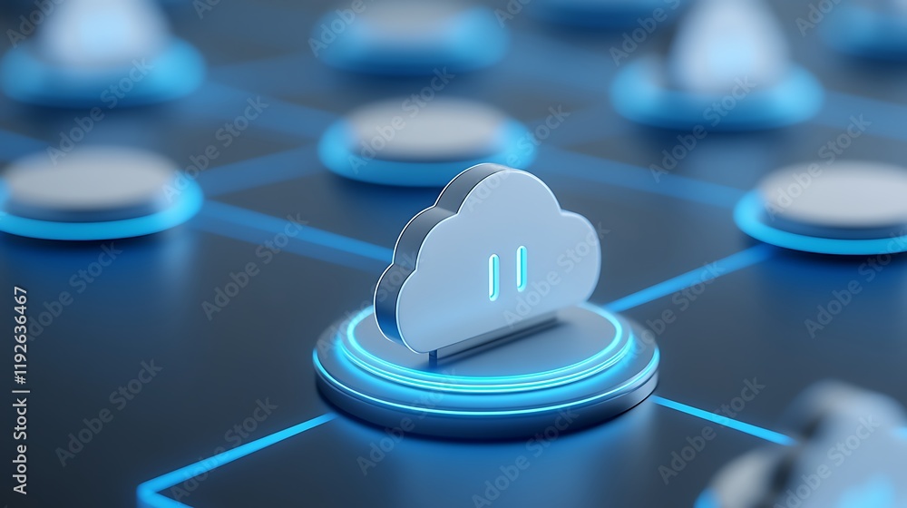 Poster cloud computing icon on digital background with blue neon elements and technology concept