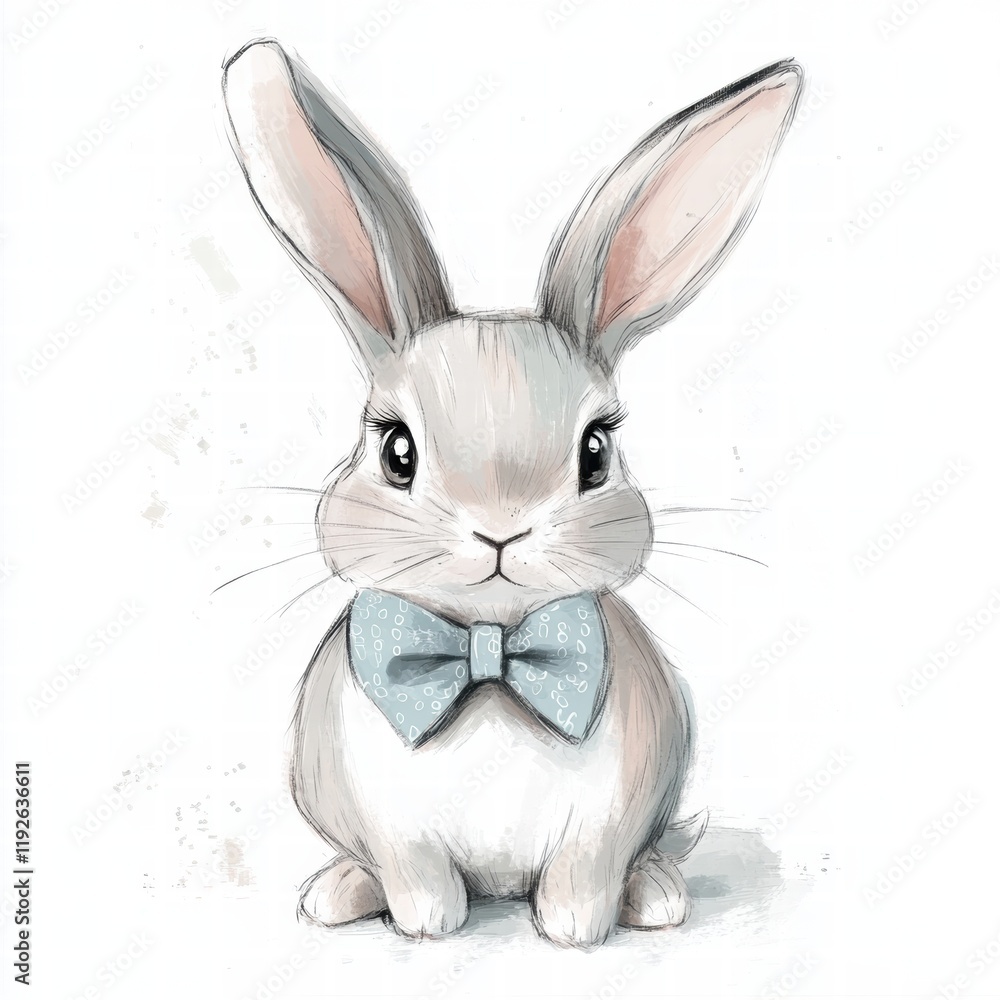Poster cute illustrated rabbit wearing a blue bow tie with a soft and friendly expression in a simple backg