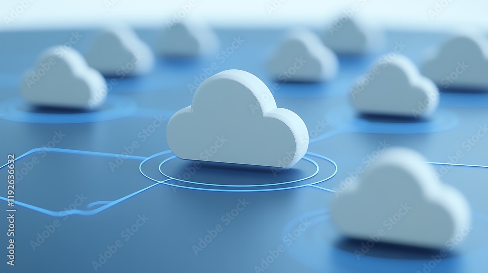 Poster cloud computing network concept with 3d cloud icons and digital connectivity on blue background