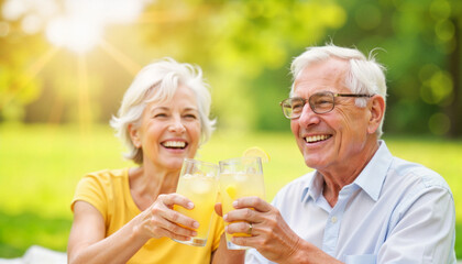 Seniors toasting lemonade in picnic setting, joyful celebration