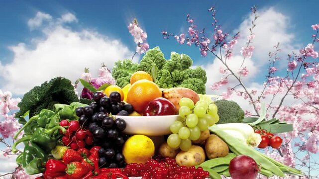 Various types of fruits on a platter with background of waving blossoms