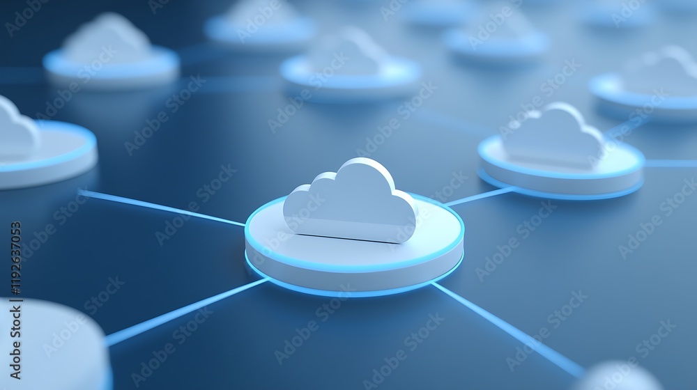 Poster cloud computing network concept with stylized cloud symbols and connections on a dark background