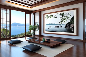 Fototapeta premium Relaxing living room with scenic ocean view modern design tranquil environment interior space