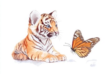 Cute tiger cub observing a vibrant butterfly on a bright white background. Generative AI