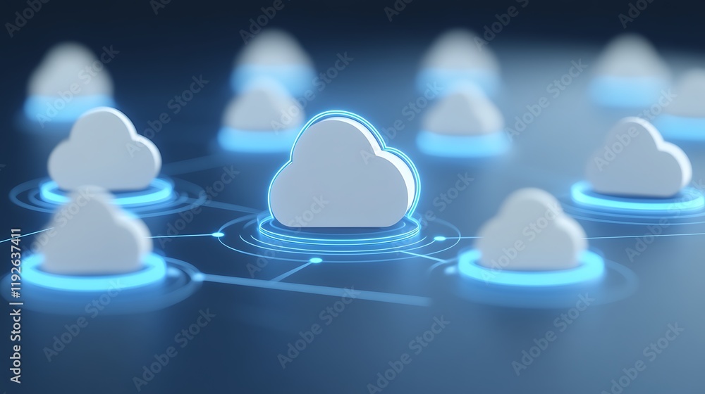 Poster cloud computing network with connected nodes and glowing graphics representing digital infrastructur