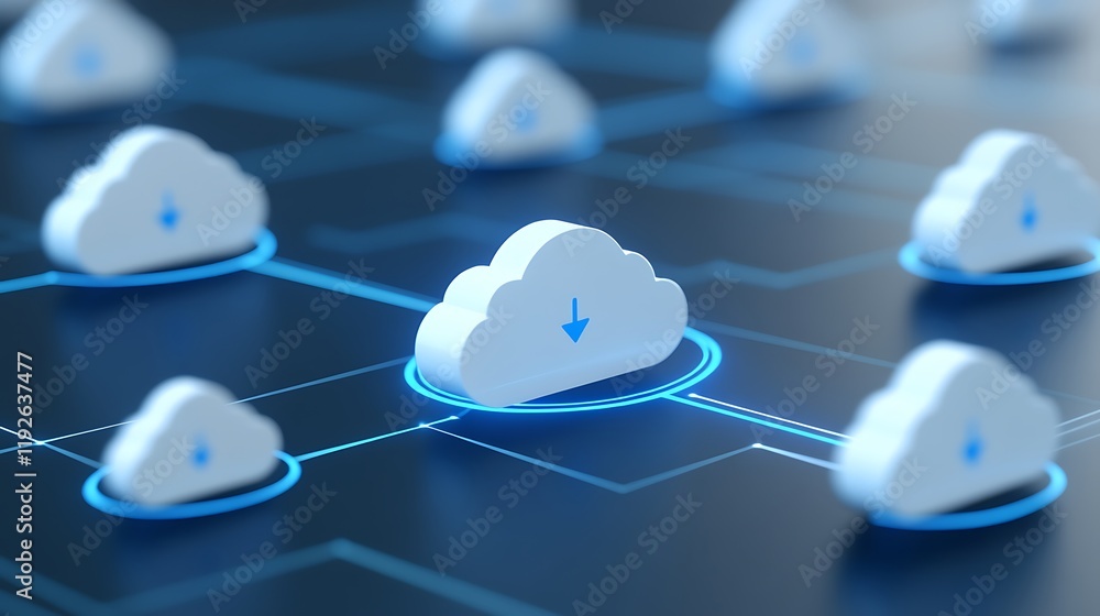 Poster cloud computing network with download icons and connected cloud symbols on a dark background