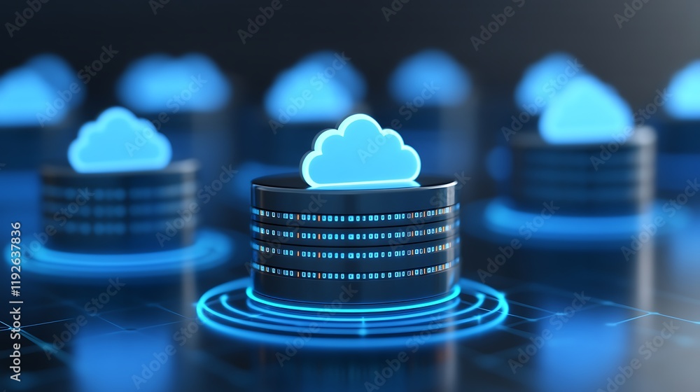 Poster cloud computing technology concept with data storage and digital transformation in blue lighting eff