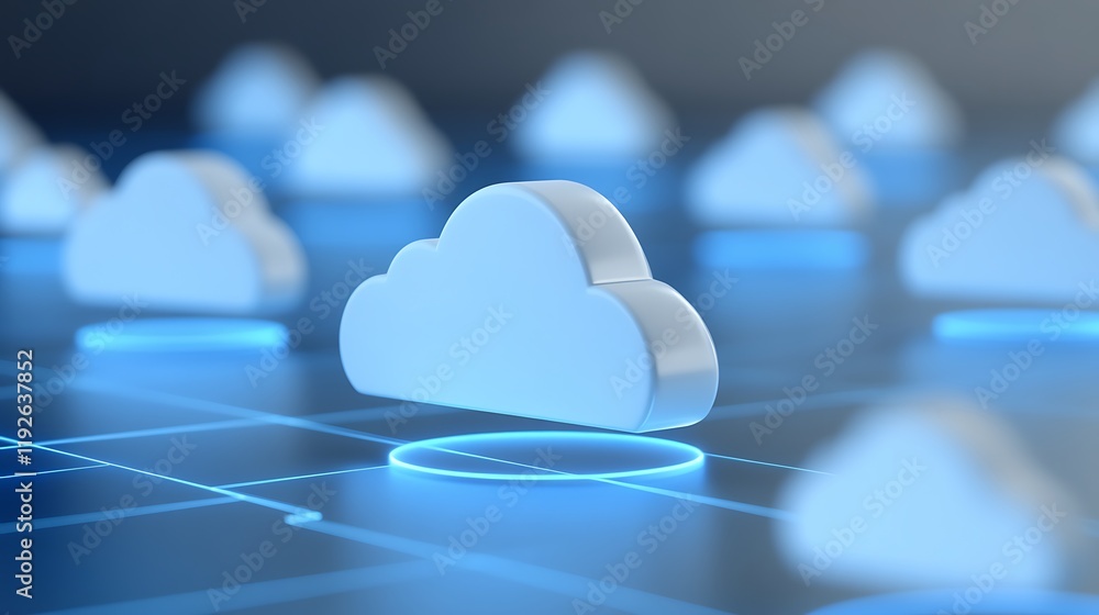 Poster cloud computing technology concept with floating 3d white clouds on digital background with blue glo