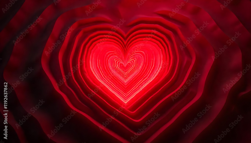 Fototapete glowing red heart shape at the center of concentric wavy red lines, a radiant and abstract background with red heart, 14th Feb, Valentine's Day concept,love, affection, created with generative ai