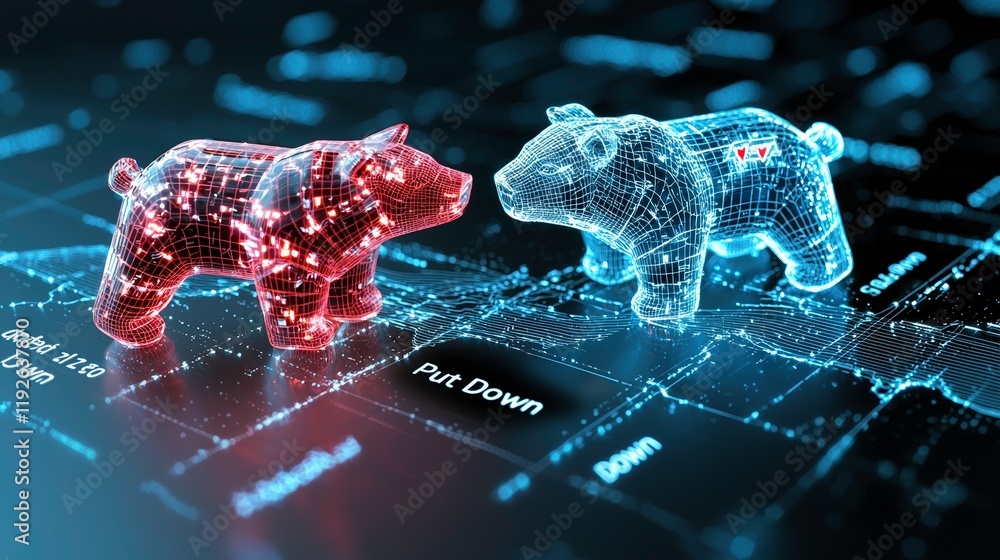 Poster analyzing abstract multidimensional stock market trends global financial data graphical environment 