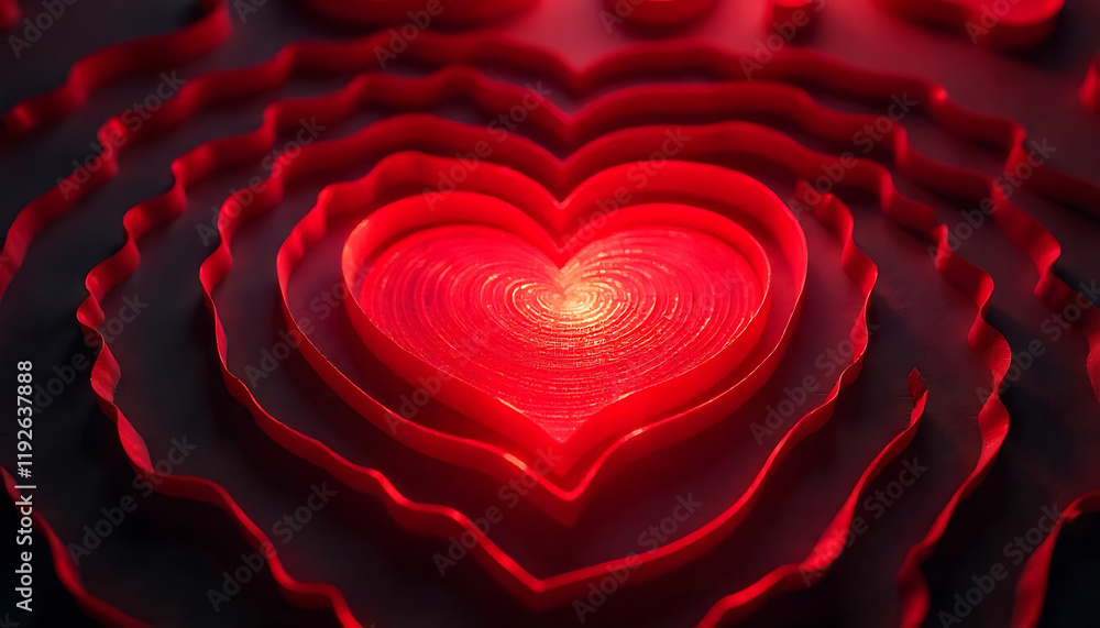 Fototapete glowing red heart shape at the center of concentric wavy red lines, a radiant and abstract backgroun