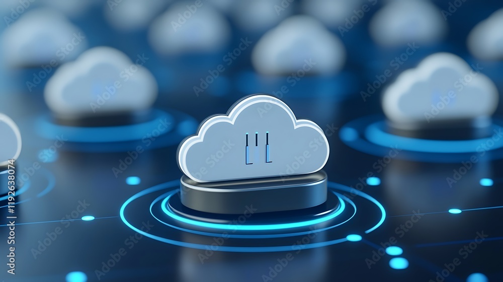 Poster cloud computing technology conceptual image with multiple cloud icons and digital connections