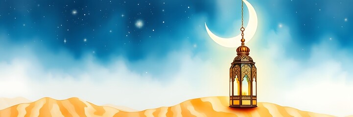 Islamic Lantern, Crescent Moon, Starry Sky Over Desert Sand