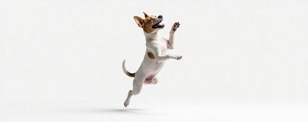 Terrier dog isolated on white jumping with paws up in mid-air, body stretched out and back arched, flying, jumping