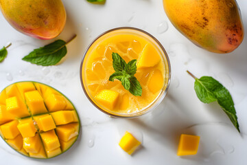 Refreshing mango juice with fresh mint and diced mango on a white table