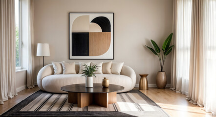 Minimalist modern living room interior design with abstract art frame.