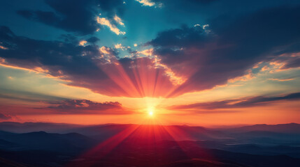 Obraz premium breathtaking sunset in desert, showcasing vibrant colors and dramatic rays of light illuminating sky. serene landscape evokes sense of peace and wonder