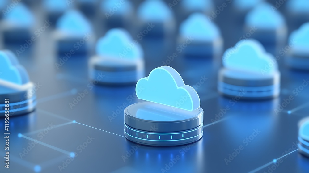 Poster cloud technology concept with blue cloud icons on digital circuit board background in 3d design