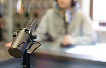 Close up of microphone in radio broadcast studio