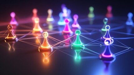 Colorful Game Pieces Connected in a Network at Night