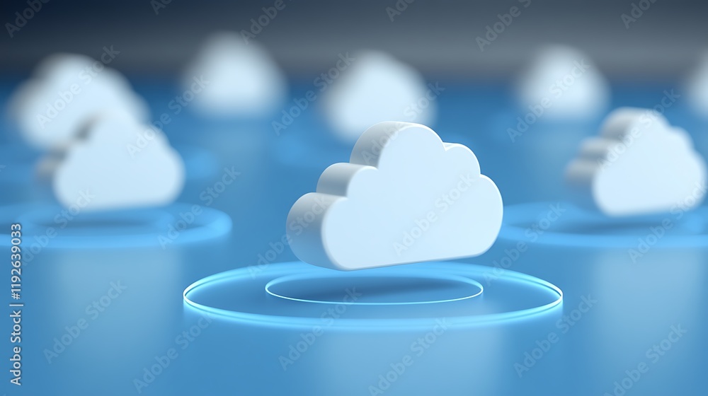 Poster clouds connected by digital circles representing cloud computing and modern technology solutions