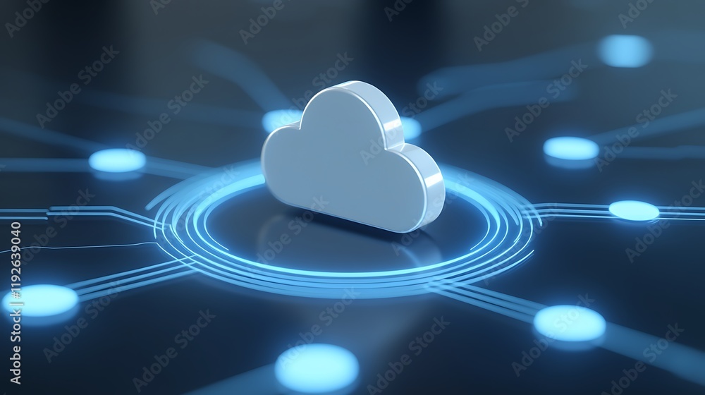 Poster cloud technology concept with interconnected nodes and digital circuits representing data management