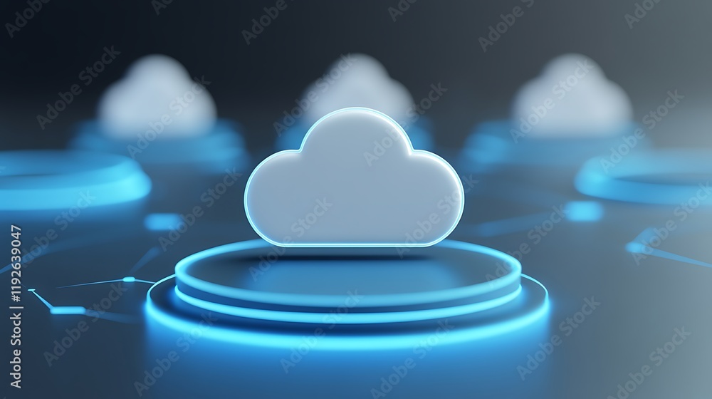 Poster conceptual cloud computing icon with neon accents and abstract network connections in technology spa