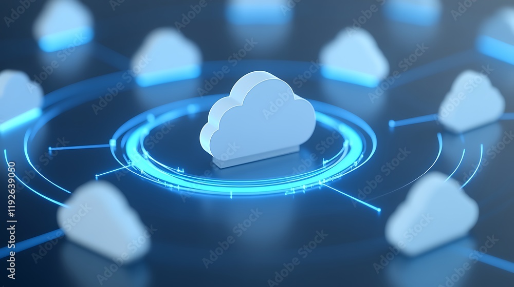 Poster concept of cloud computing with 3d cloud icons and digital connections on a futuristic background