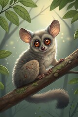 A small animal perched on a branch, depicted in a vibrant digital painting, showcasing its delicate features and surroundings.