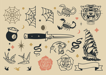 Set of colorful tattoo flash Art Illustration