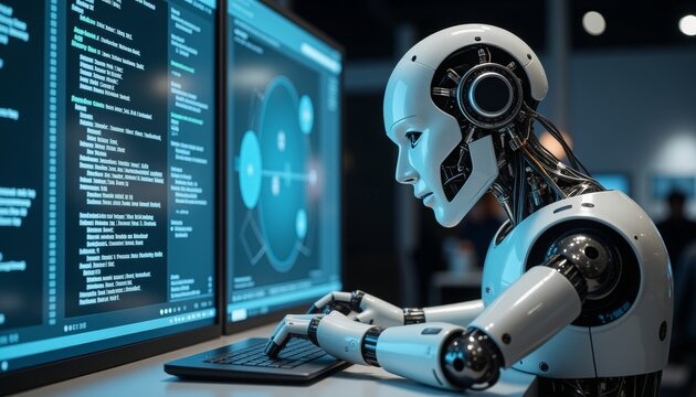 Futuristic robot coding on computer screens, advanced technology