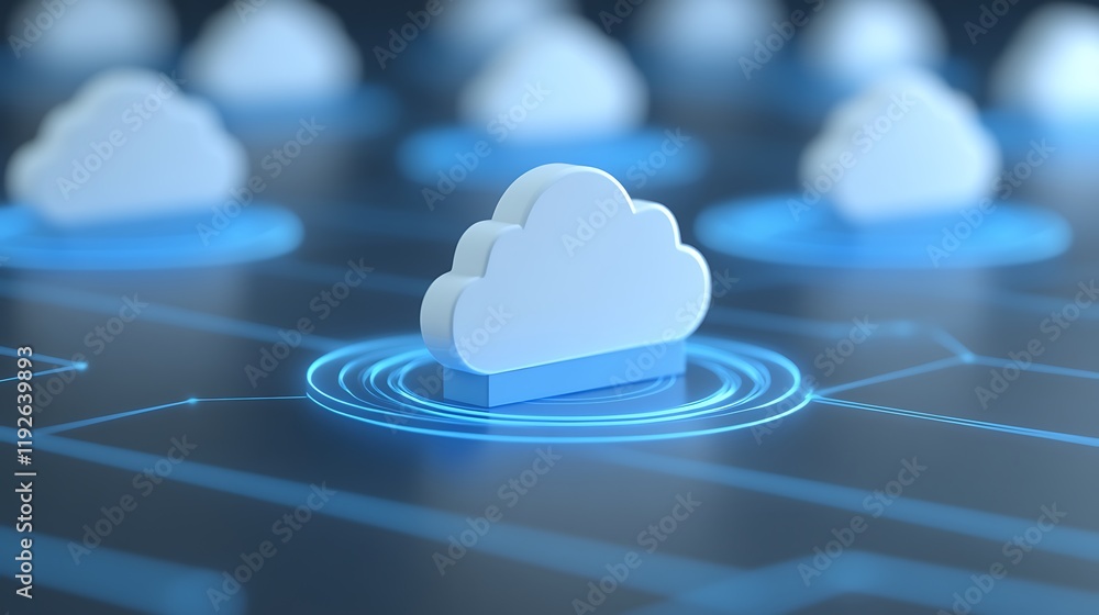 Poster digital cloud computing concept showcasing cloud icons with neon circles and connections on dark bac
