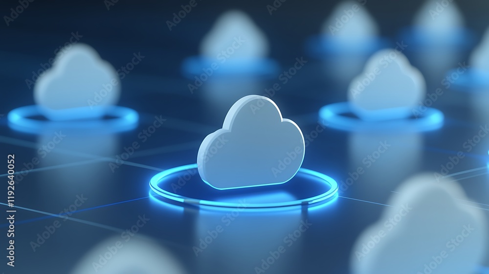 Poster digital cloud computing concept with 3d cloud icons connected in a network on a futuristic backgroun