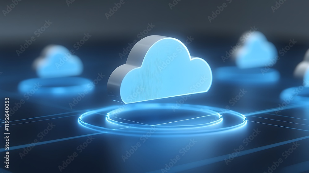 Poster digital cloud computing concept with 3d cloud icons on futuristic background in blue color
