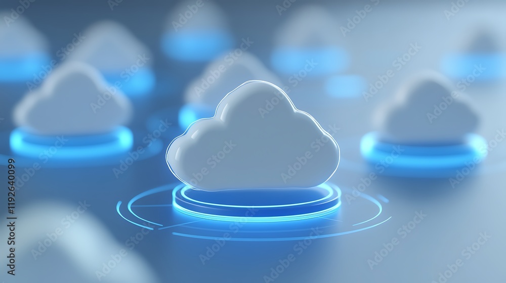 Poster digital cloud computing concept with 3d clouds and glowing blue circles on futuristic background