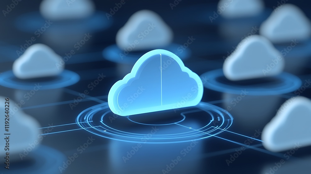 Poster digital cloud computing concept with 3d rendered clouds and network connections in blue hues