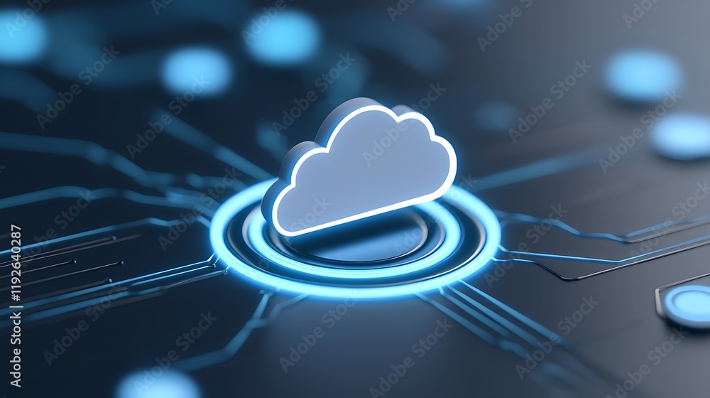 Poster digital cloud computing concept with abstract circuit board and blue neon elements for technology th
