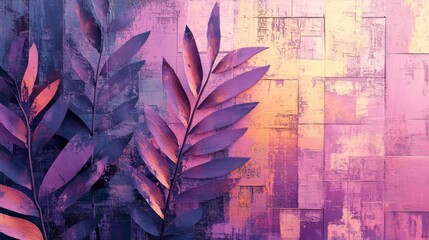 Purple painted leaves against textured pink background