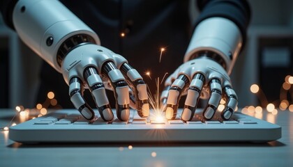 Mechanical robot typing on keyboard with sparks, innovation concept