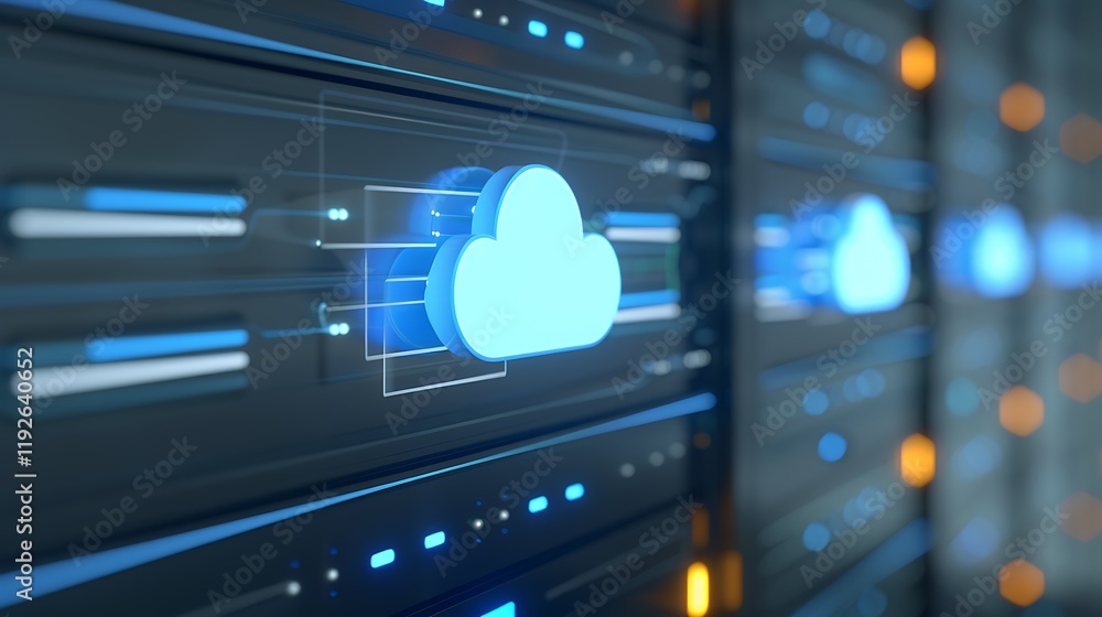 Aufkleber digital cloud computing concept with bright blue icons on a modern server rack background